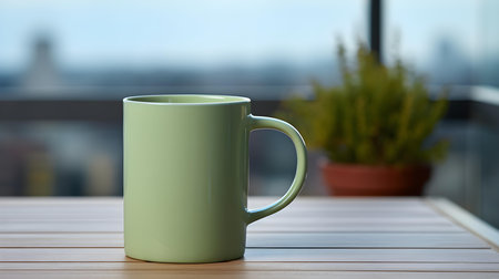 Balcony view of a light green mug on a wooden table. Close up with a blurred backgroundの素材
