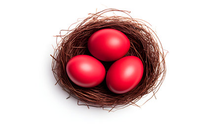 Top view of light red eggs in a nest on a white background. Easter template with copy spaceの素材