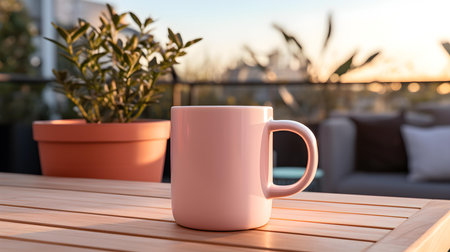 Balcony view of a light pink mug on a wooden table. Close up with a blurred backgroundの素材