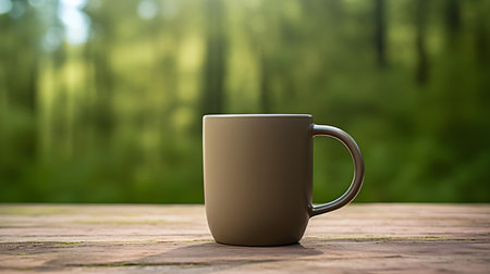 Close up of a khaki mug on a wooden table in a forest. Blurred natural backgroundの素材