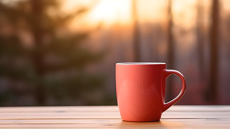 Close up of a light red mug on a wooden table in a forest. Blurred natural backgroundの素材