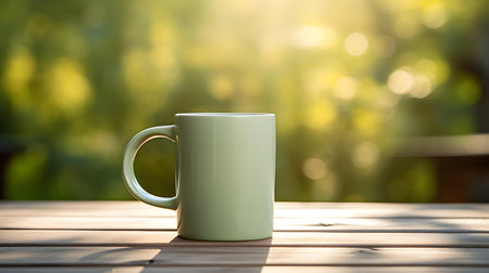 Close up of a light green mug on a wooden table in a forest. Blurred natural backgroundの素材
