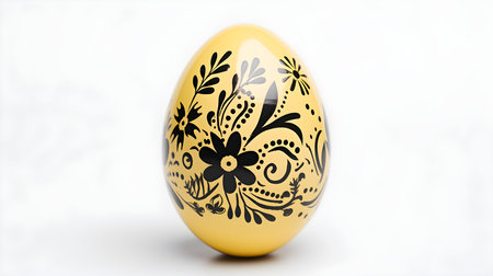 Hand Painted Easter Egg in light yellow colors on a white background. Elegant Easter template with copy spaceの素材