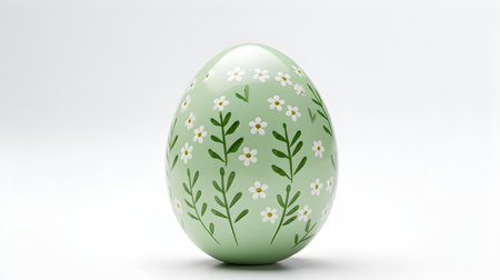 Hand Painted Easter Egg in light green colors on a white background. Elegant Easter template with copy spaceの素材