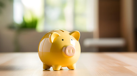 Light Yellow Piggy Bank on a wooden table. Blurred Interior Backgroundの素材