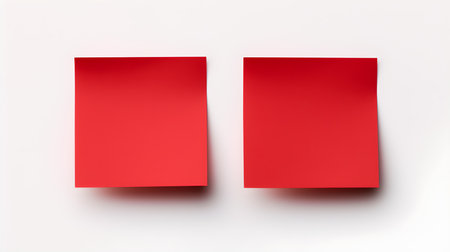 Two light red square paper notes on a white background. Brainstorming template with copy spaceの素材