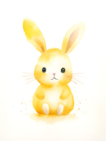 Watercolor drawing of a light yellow bunny on a white background. Easter Card Template with Copy Spaceの素材