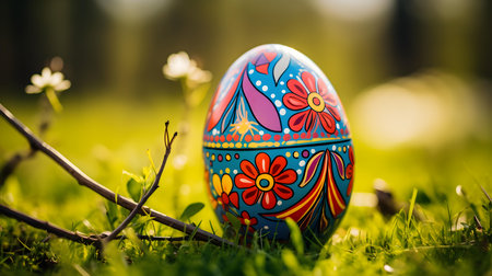 Close up of a multicolor Easter Egg in the grass. Blurred natural backgroundの素材