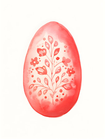 Drawing of an Easter Egg in light red watercolors. White background with copy spaceの素材