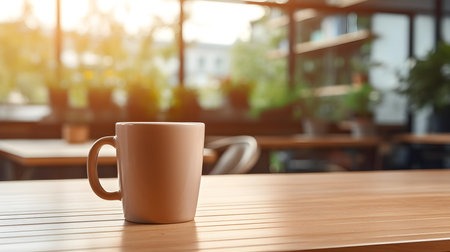 Light brown coffee cup on a wooden table. Blurred Interior Backgroundの素材