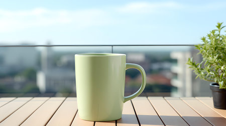 Balcony view of a light green mug on a wooden table. Close up with a blurred backgroundの素材