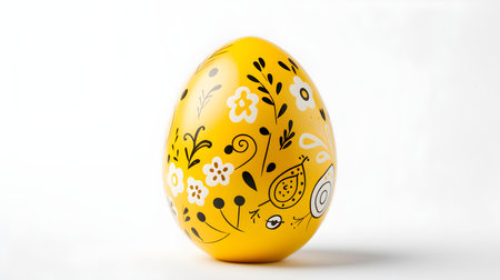 Hand Painted Easter Egg in light yellow colors on a white background. Elegant Easter template with copy spaceの素材