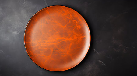 Top view of an empty plate in orange colors on a black marble background. Elegant template with copy spaceの素材