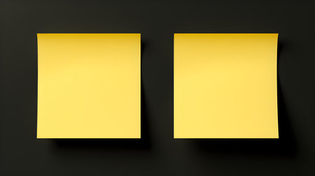 Two Light Yellow square paper notes on a black background. Brainstorming template with copy spaceの素材