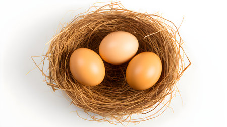 Top view of light orange eggs in a nest on a white background. Easter template with copy spaceの素材
