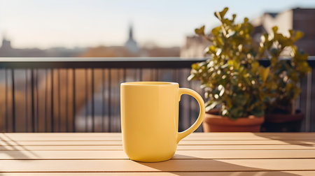 Balcony view of a light yellow mug on a wooden table. Close up with a blurred backgroundの素材