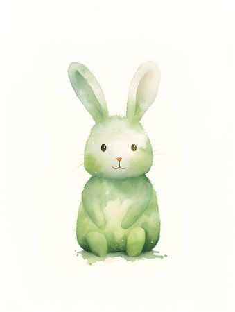 Watercolor drawing of a light green bunny on a white background. Easter Card Template with Copy Spaceの素材