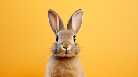 Fluffy Bunny in front of an orange wallpaper. Blank background with copy spaceの素材