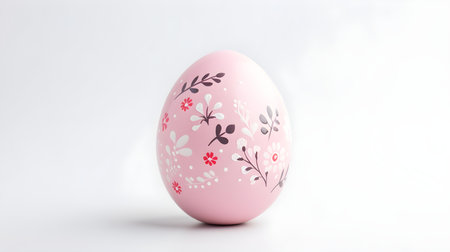 Hand Painted Easter Egg in light pink colors on a white background. Elegant Easter template with copy spaceの素材