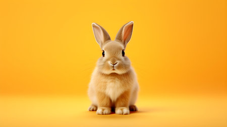 Fluffy Bunny in front of an orange wallpaper. Blank background with copy spaceの素材