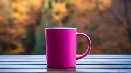 Close up of a magenta mug on a wooden table in a forest. Blurred natural backgroundの素材