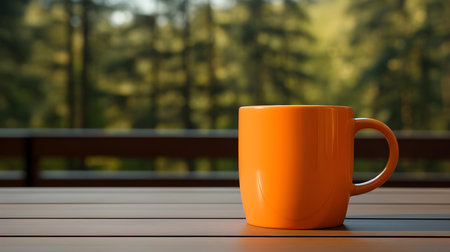 Close up of an orange mug on a wooden table in a forest. Blurred natural backgroundの素材