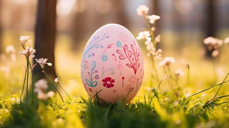 Close up of a light pink Easter Egg in the grass. Blurred natural backgroundの素材