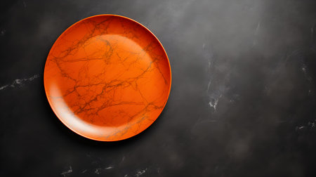 Top view of an empty plate in orange colors on a black marble background. Elegant template with copy spaceの素材