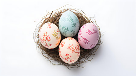 Multicolored Easter Eggs in a Nest on a white Background with Copy Space. Top viewの素材