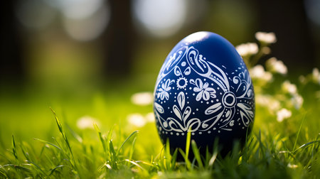 Close up of a navy blue Easter Egg in the grass. Blurred natural backgroundの素材