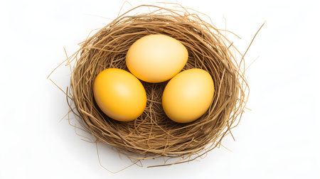 Top view of light yellow eggs in a nest on a white background. Easter template with copy spaceの素材