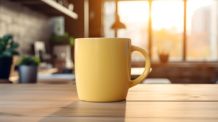 Light yellow coffee cup on a wooden table. Blurred Interior Backgroundの素材