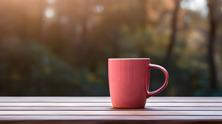 Close up of a light red mug on a wooden table in a forest. Blurred natural backgroundの素材