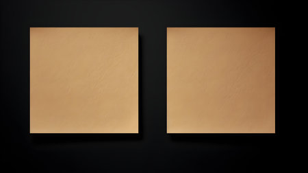 Two light brown square paper notes on a black background. Brainstorming template with copy spaceの素材