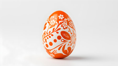 Hand Painted Easter Egg in orange colors on a white background. Elegant Easter template with copy spaceの素材