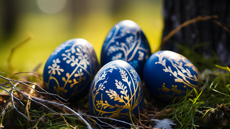 Close up of navy blue Easter eggs in the nature. Blurred Forest Backgroundの素材