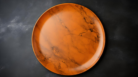 Top view of an empty plate in orange colors on a black marble background. Elegant template with copy spaceの素材