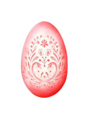 Drawing of an Easter Egg in light red watercolors. White background with copy spaceの素材