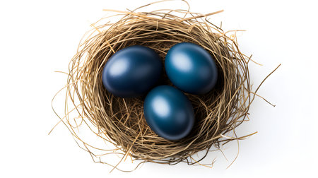 Top view of navy blue eggs in a nest on a white background. Easter template with copy spaceの素材