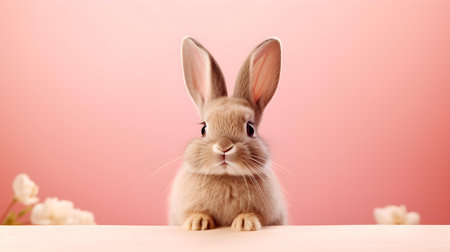 Fluffy Bunny in front of a light red wallpaper. Blank background with copy spaceの素材