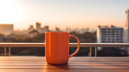 Balcony view of an orange mug on a wooden table. Close up with a blurred backgroundの素材