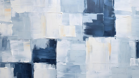 Abstract Oil Painting with overlapping Squares in white and navy blue Colors. Artistic Background with visible Brush Strokesの素材