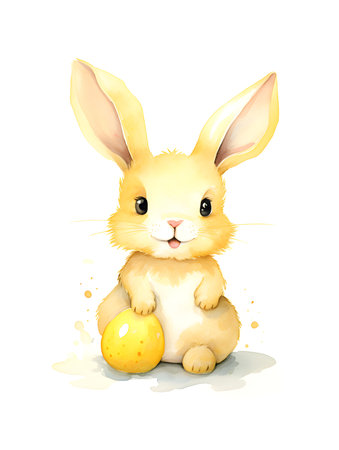 Watercolor drawing of a light yellow bunny on a white background. Easter Card Template with Copy Spaceの素材