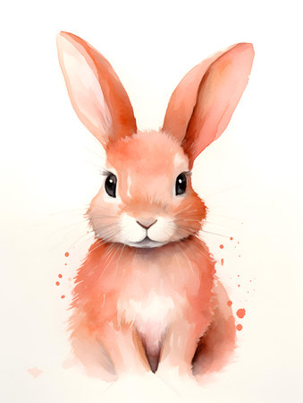 Watercolor drawing of a light red bunny on a white background. Easter Card Template with Copy Spaceの素材