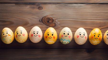 Light Yellow Easter Eggs on a wooden background with copy space. Template for a Happy Easter Greeting Cardの素材