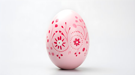Hand Painted Easter Egg in pink colors on a white background. Elegant Easter template with copy spaceの素材