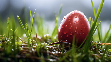 Close up of a red colored Easter Egg with water drops in the grass. Blurred natural backgroundの素材