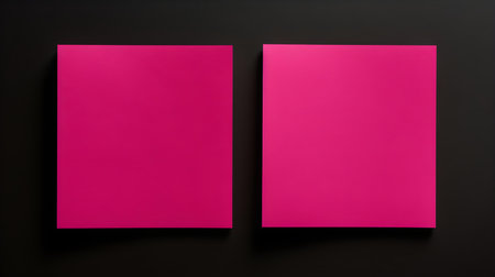 Two magenta square paper notes on a black background. Brainstorming template with copy spaceの素材