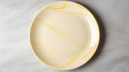 Top view of an empty plate in light yellow colors on a white marble background. Elegant template with copy spaceの素材