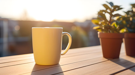 Balcony view of a light yellow mug on a wooden table. Close up with a blurred backgroundの素材